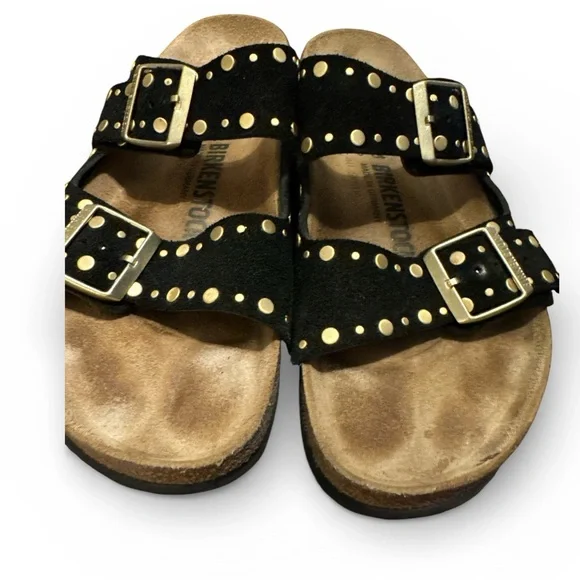 Birkenstock Arizona Black Suede Sandals with Gold Rivets - Picture 5 of 5